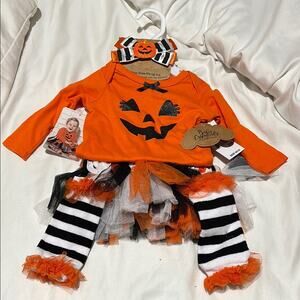 Baby Essentials 3m Halloween 4 piece set onesie headband tutu leg warmers NWT
